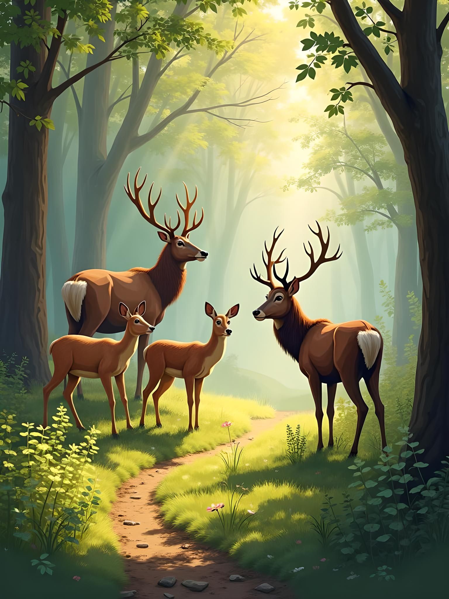 Peaceful Forest Scene with Deer and Sunlight