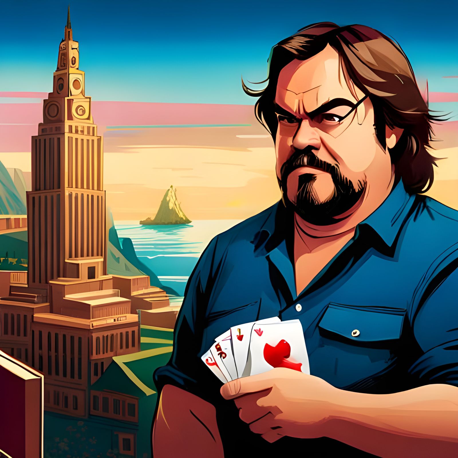 Man Holding Cards in Casino, Animated Style