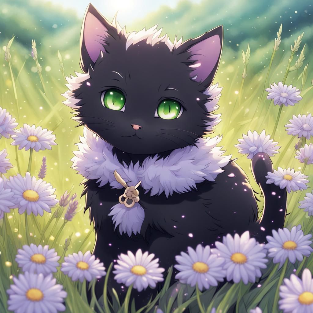 Black Kitten with Green Eyes in Lavender Field, Anime Style