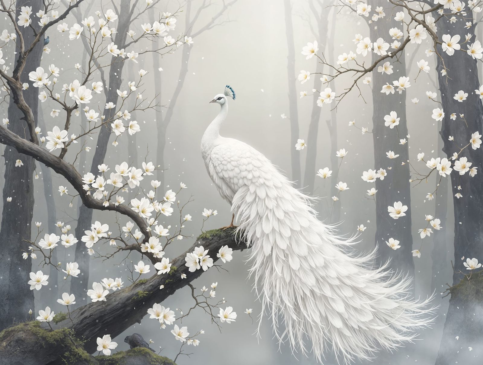 Ethereal Peacock Amidst Blossoms in Misty Forest