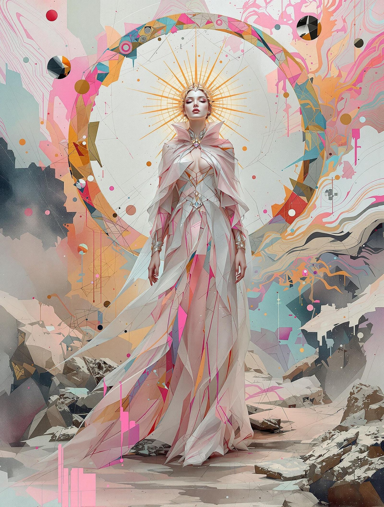 Ethereal Figure in Fragmented Futuristic Landscape