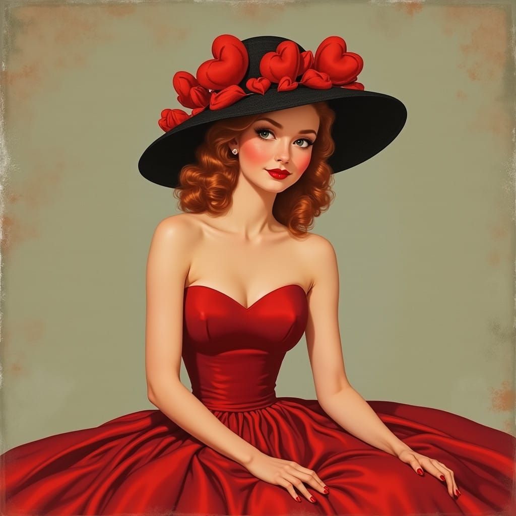 Elegant Redhead in Whimsical Heart Hat, 1950s Style