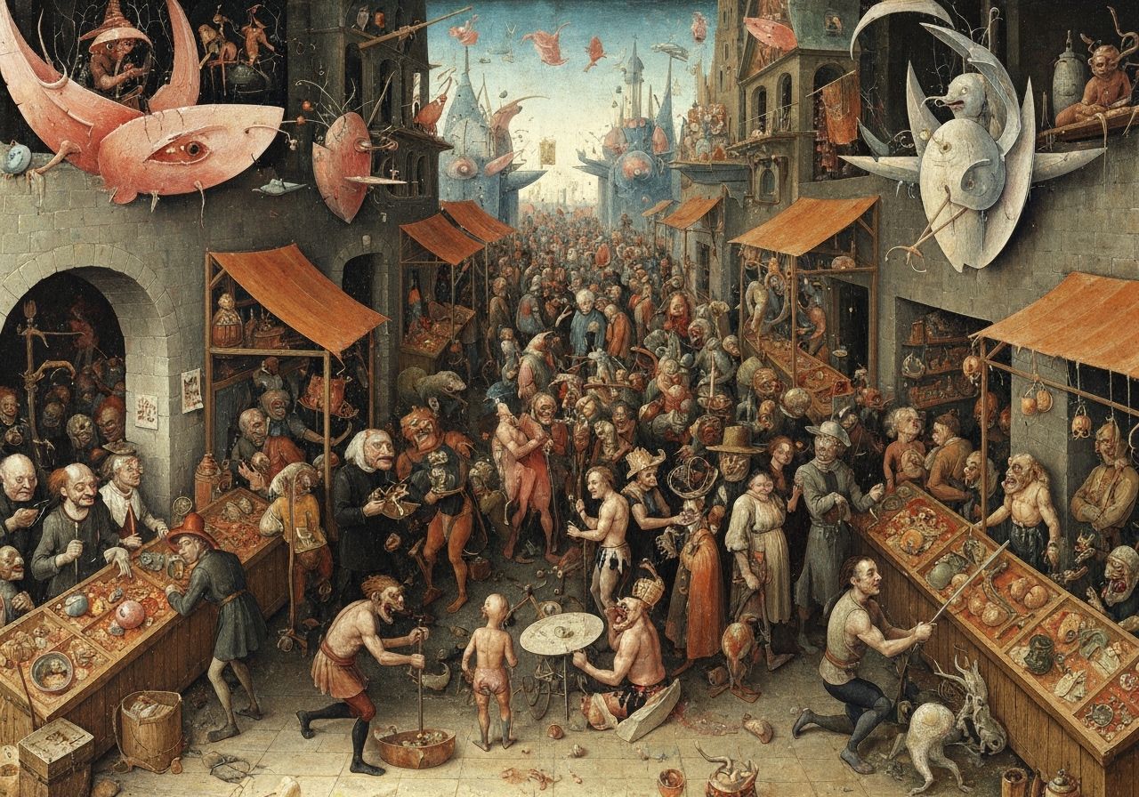 Medieval Marketplace with Bizarre Bosch Creatures and WWE Ma...