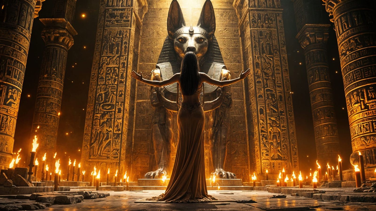 Egyptian Queen Adores Anubis in a Dramatic Digital Painting