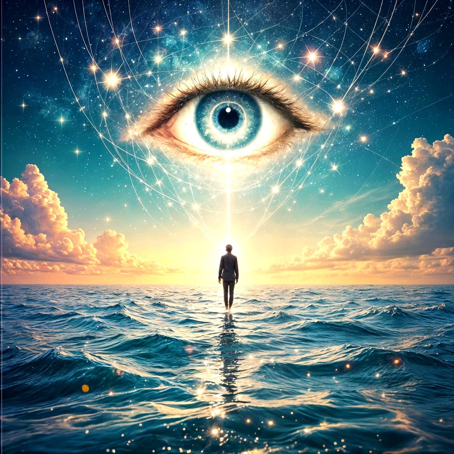 Floating Figure in Ocean of Mirrors: Surreal Dreamscape in N...