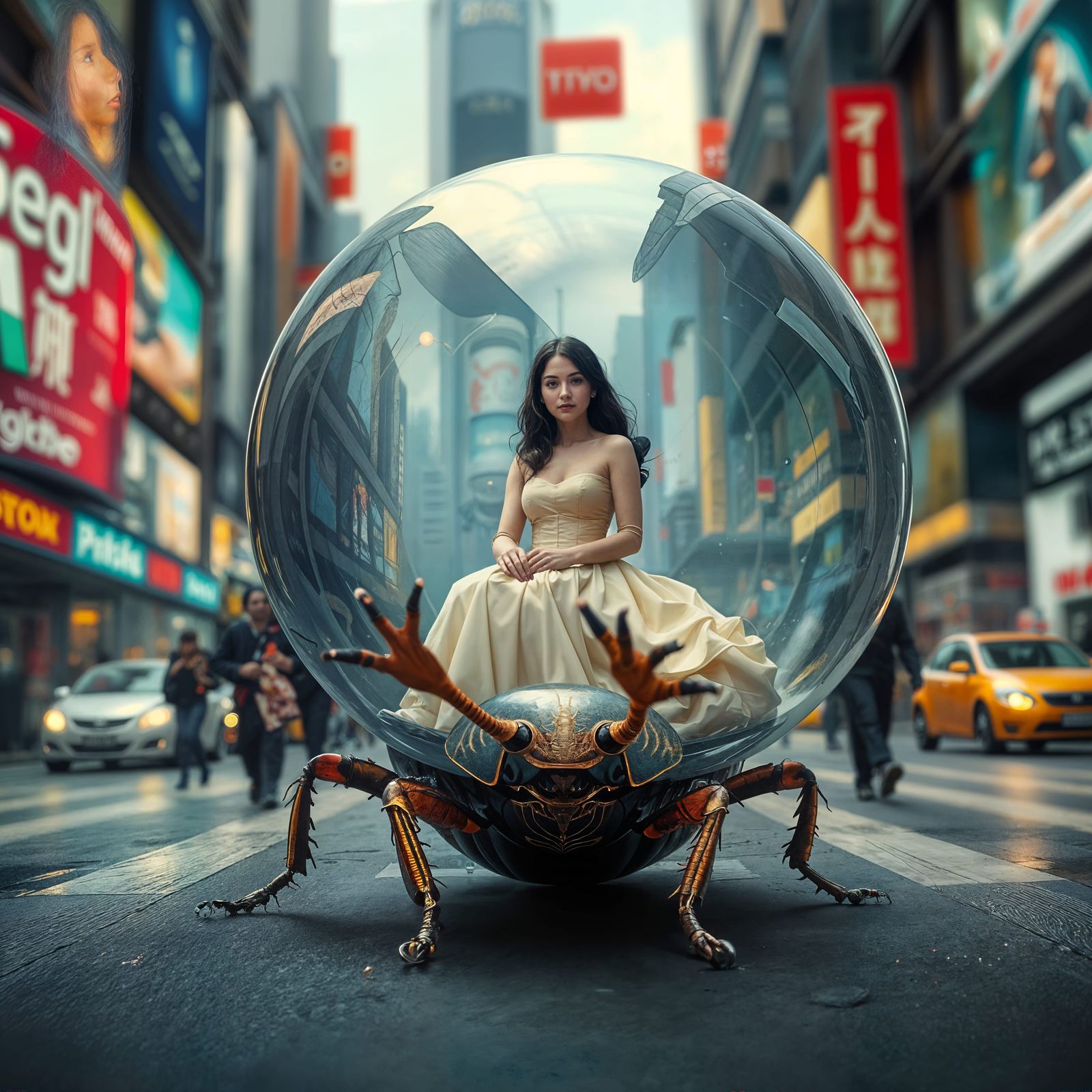 Surreal Beetle Transports Elegant Lady in Glass Sphere