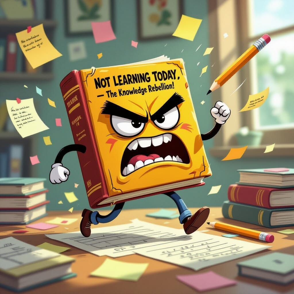 Angry Book Leads Knowledge Rebellion Amidst Flying Notes