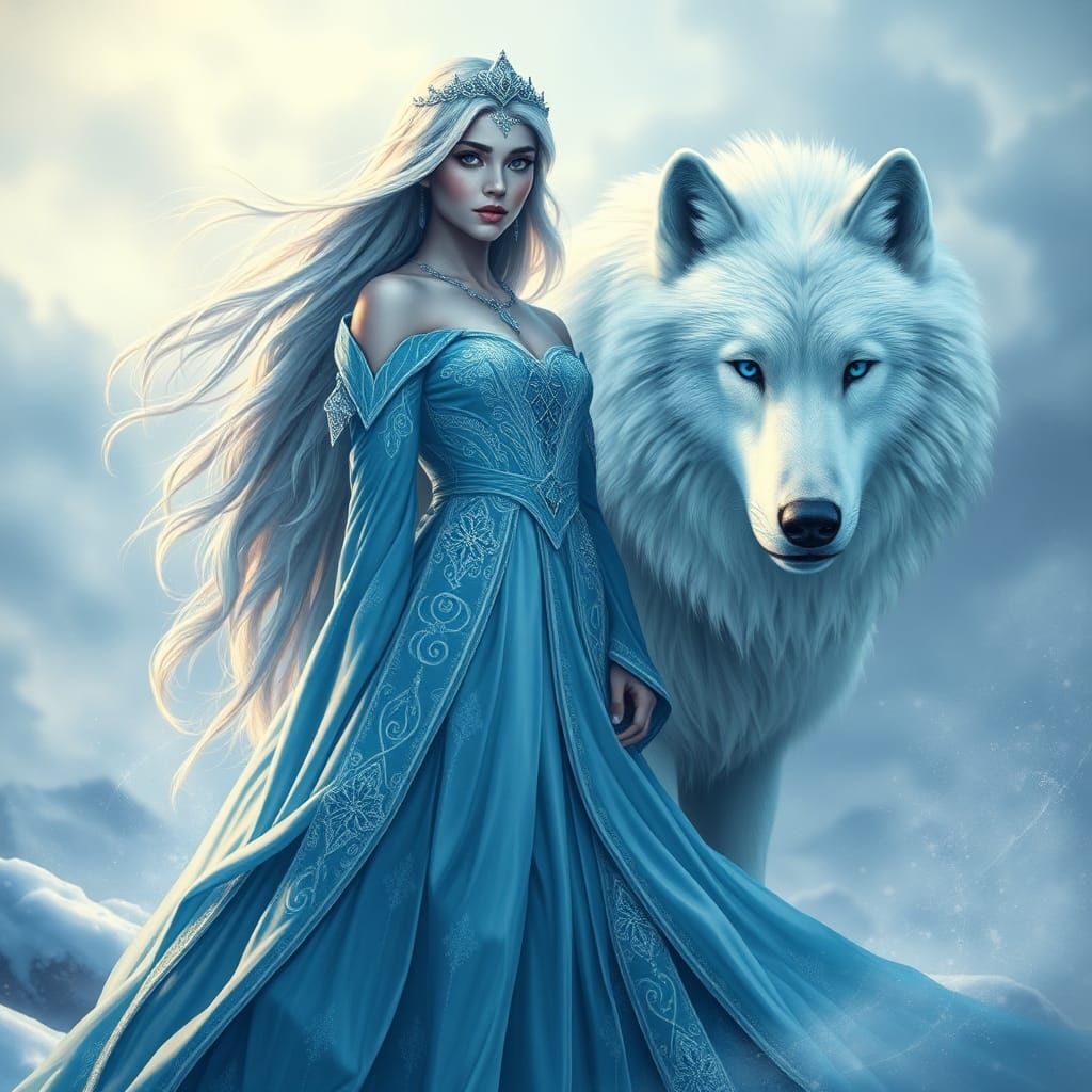 Ice Queen and Snow Wolf in Dark Fantasy Style