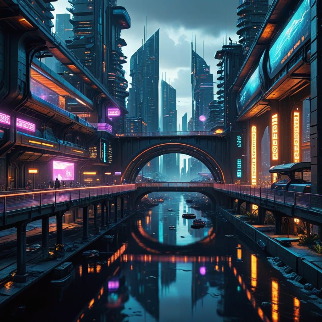 Future Utopian Cityscape with Metallic Bridge and Colorful S...