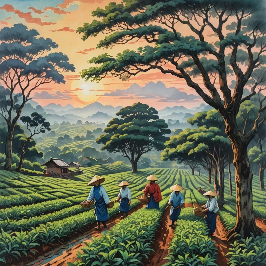 Meiji Period Tea Field Wood Block Print