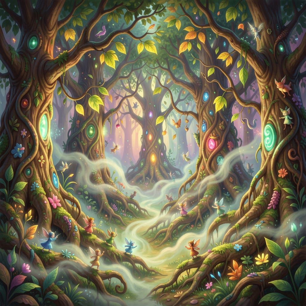Living Forest Scene with Pulsating Trees and Ethereal Spirit...