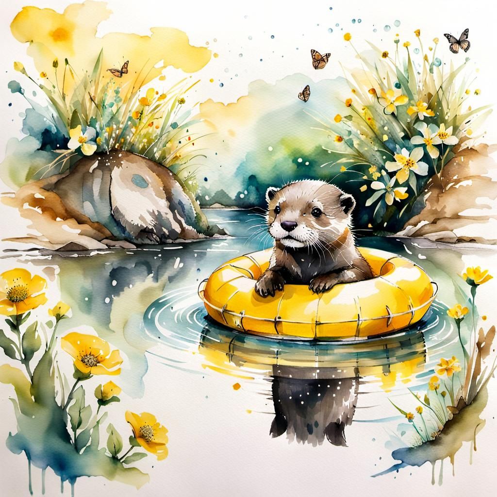 Smiling Chibi Otter Learns to Swim: Watercolor Art