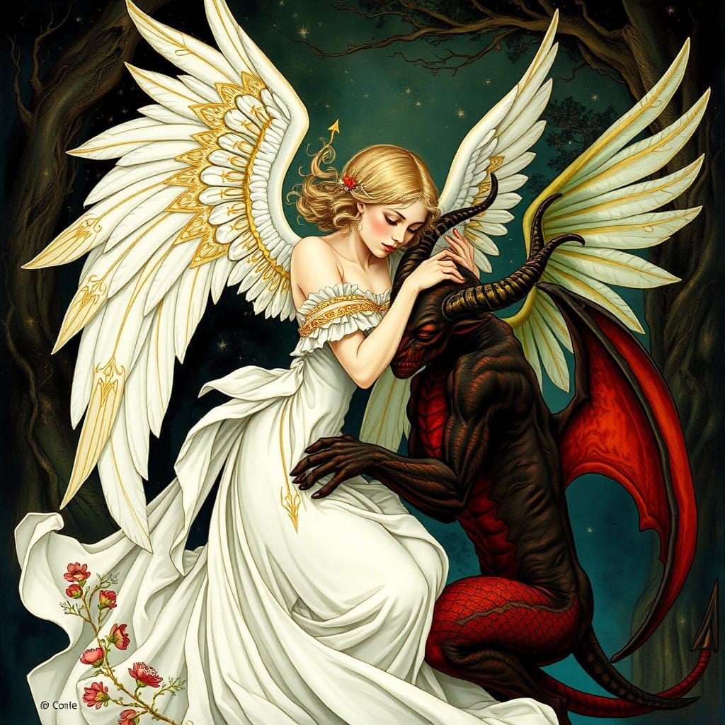 A Whimsical Angel and Demon in a Dreamlike Gouache Art Nouve...