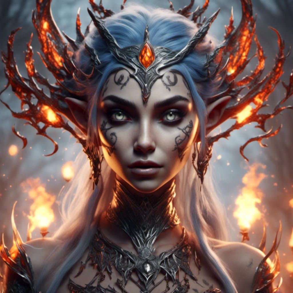 Mystical Elf Woman Holding Fire Globes