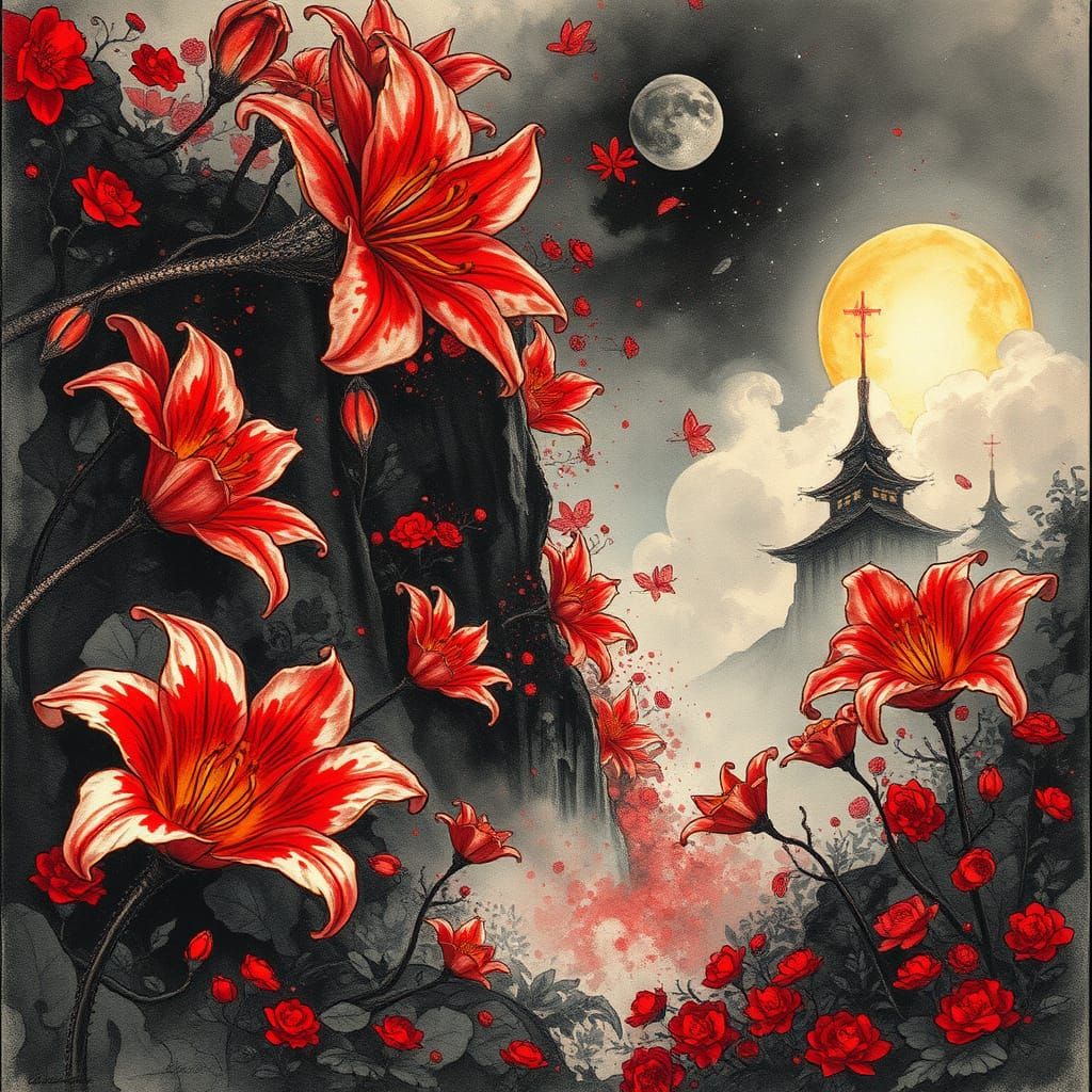 Surreal Dreamscape with Multicolor Lilies in Charcoal and In...