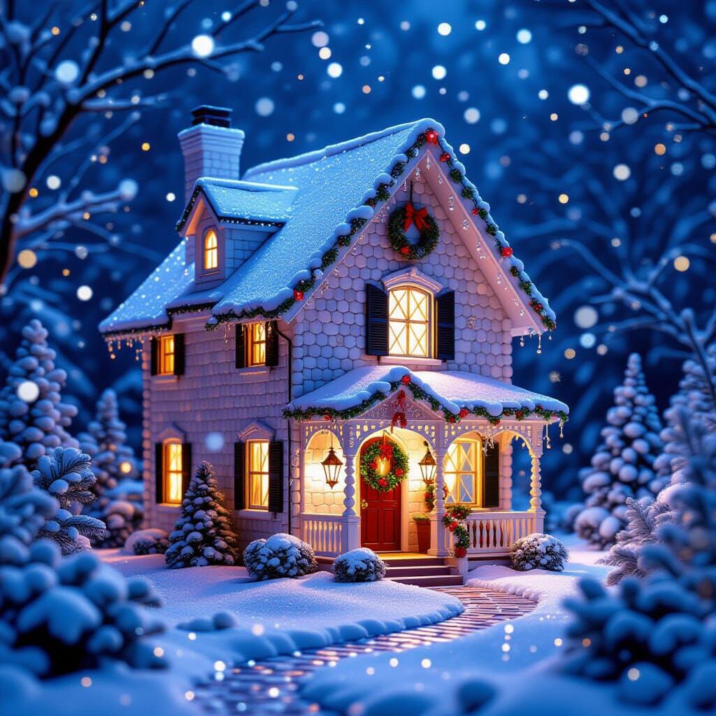 Christmas House of Marbles and Glass Beads in Snowy Evening