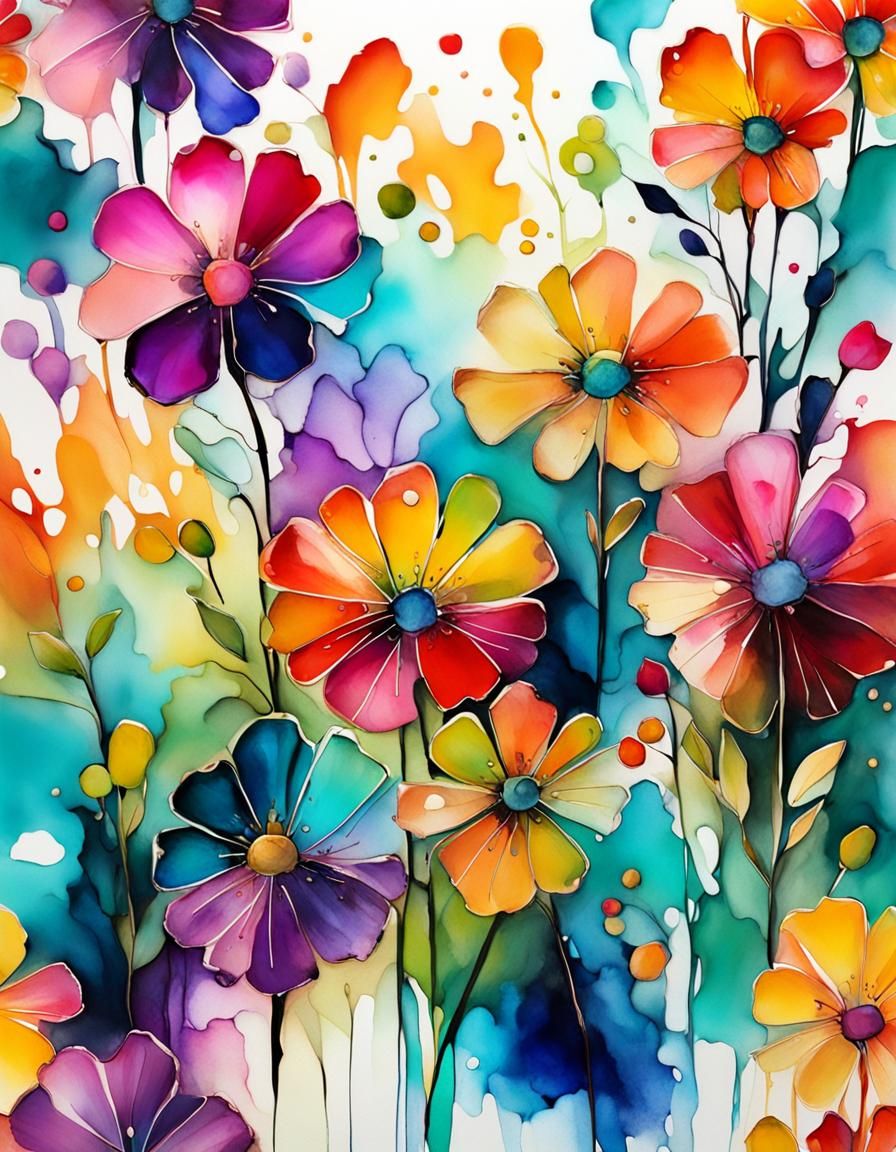 Colorful Abstract Flowers in Alcohol Ink Style