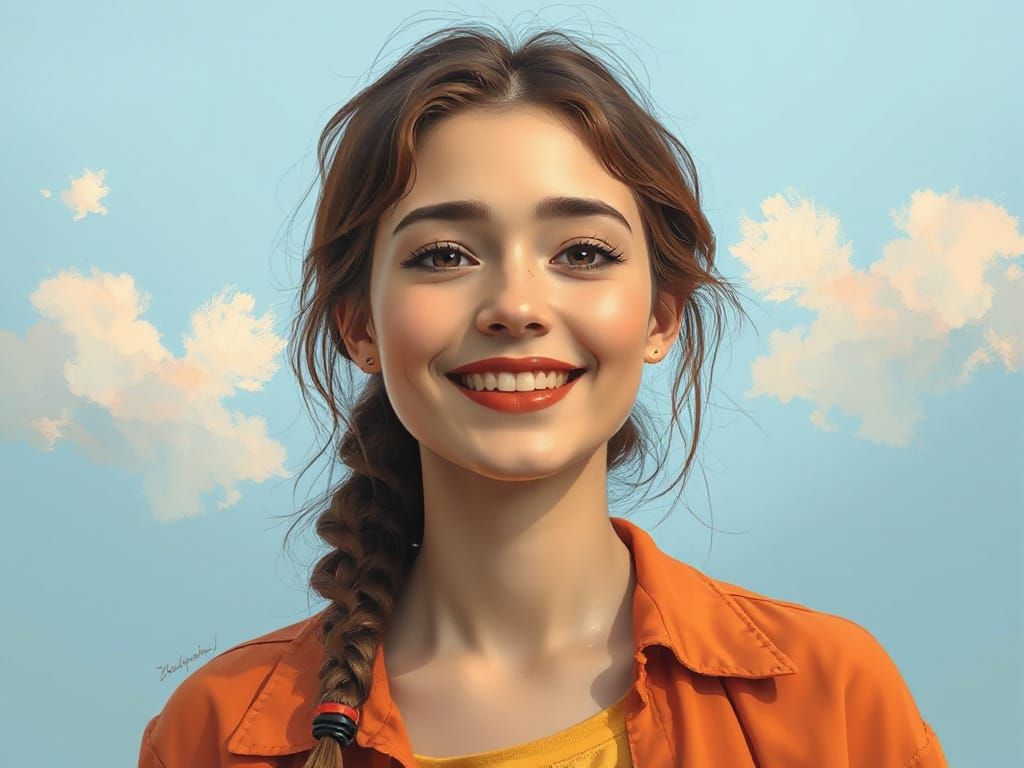 Vibrant Portrait of a Young Woman in a Dreamy Digital Art St...