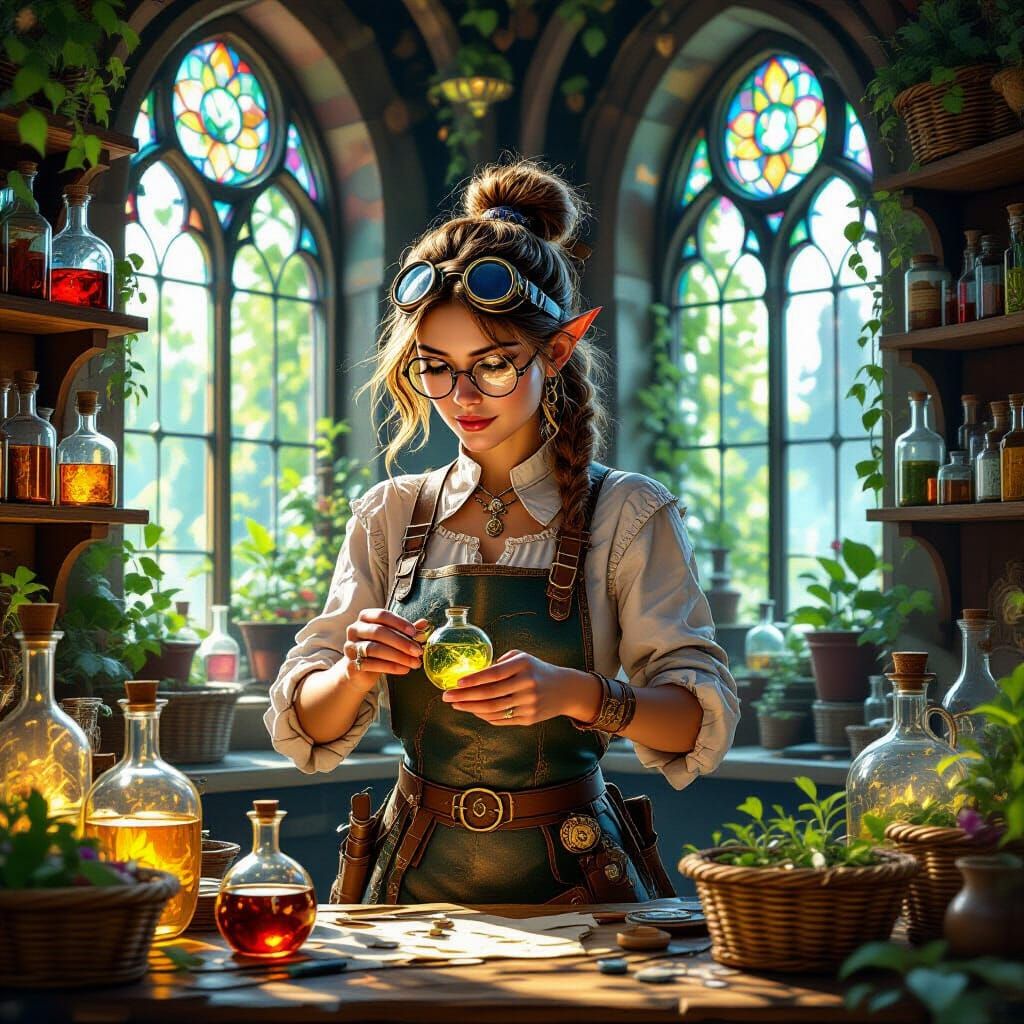 Gnome Artificer Creates Potions in Fantasy Workshop