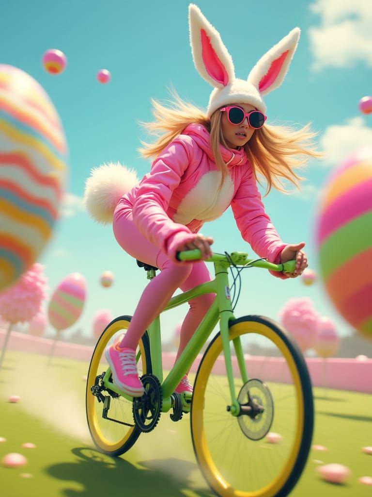 Vibrant Easter Bunny Rider in Whimsical Candy World