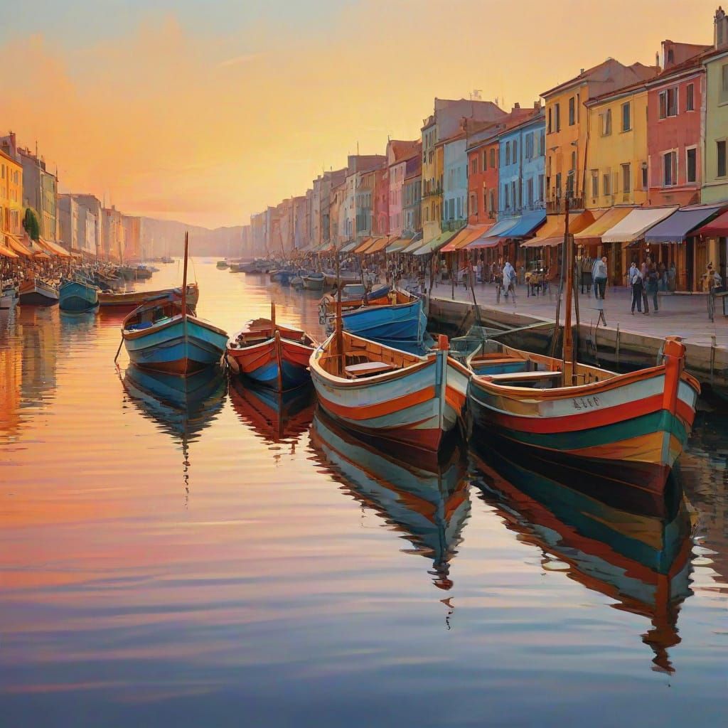 Fishing Harbor at Dawn in Cubist Style