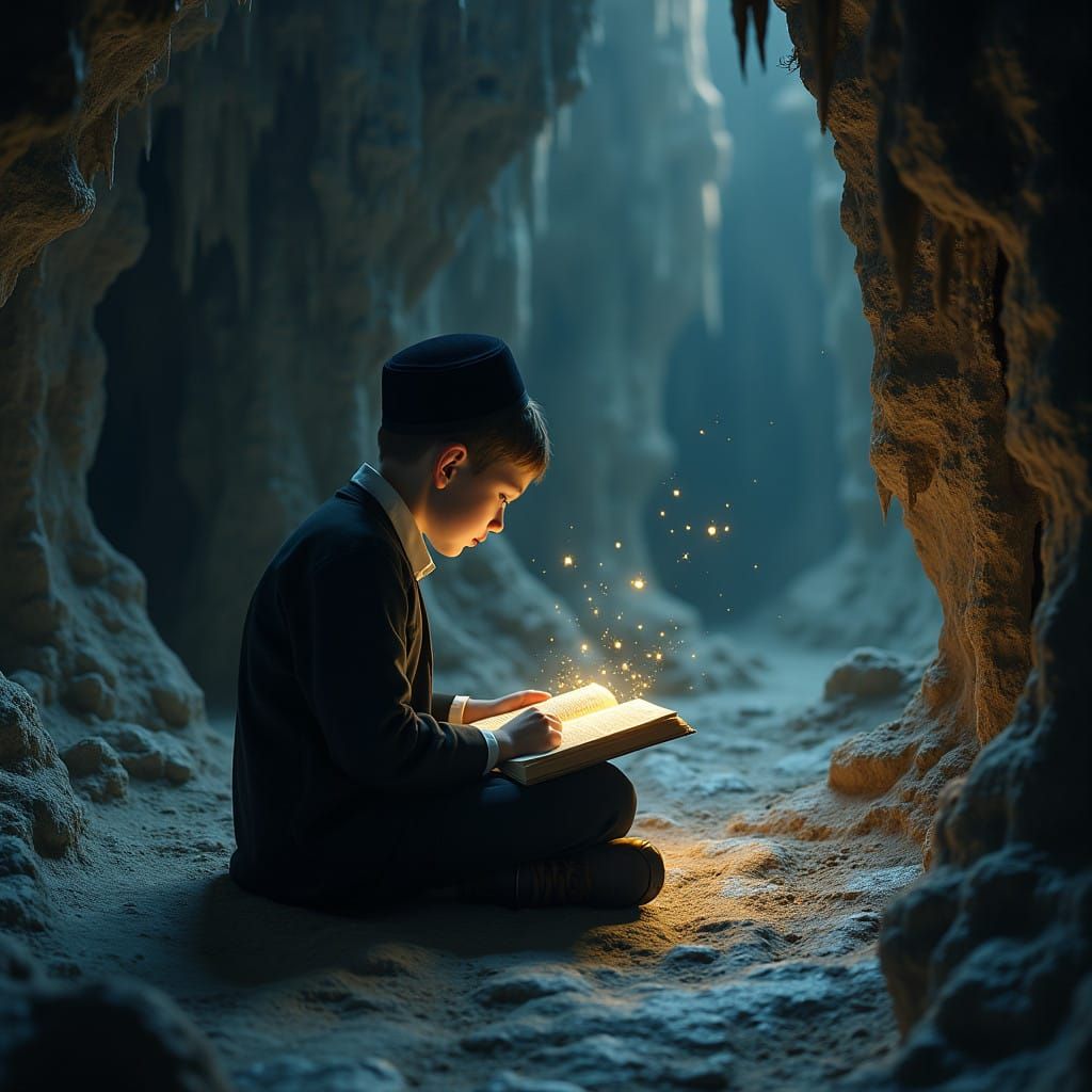 Orthodox Boy Meditates in a Mystical Cave of Light