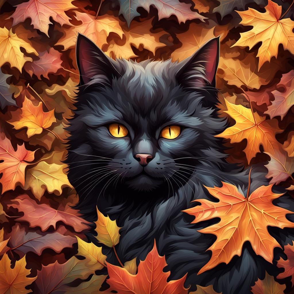 Cozy Black Cat Napping in Autumn Leaves