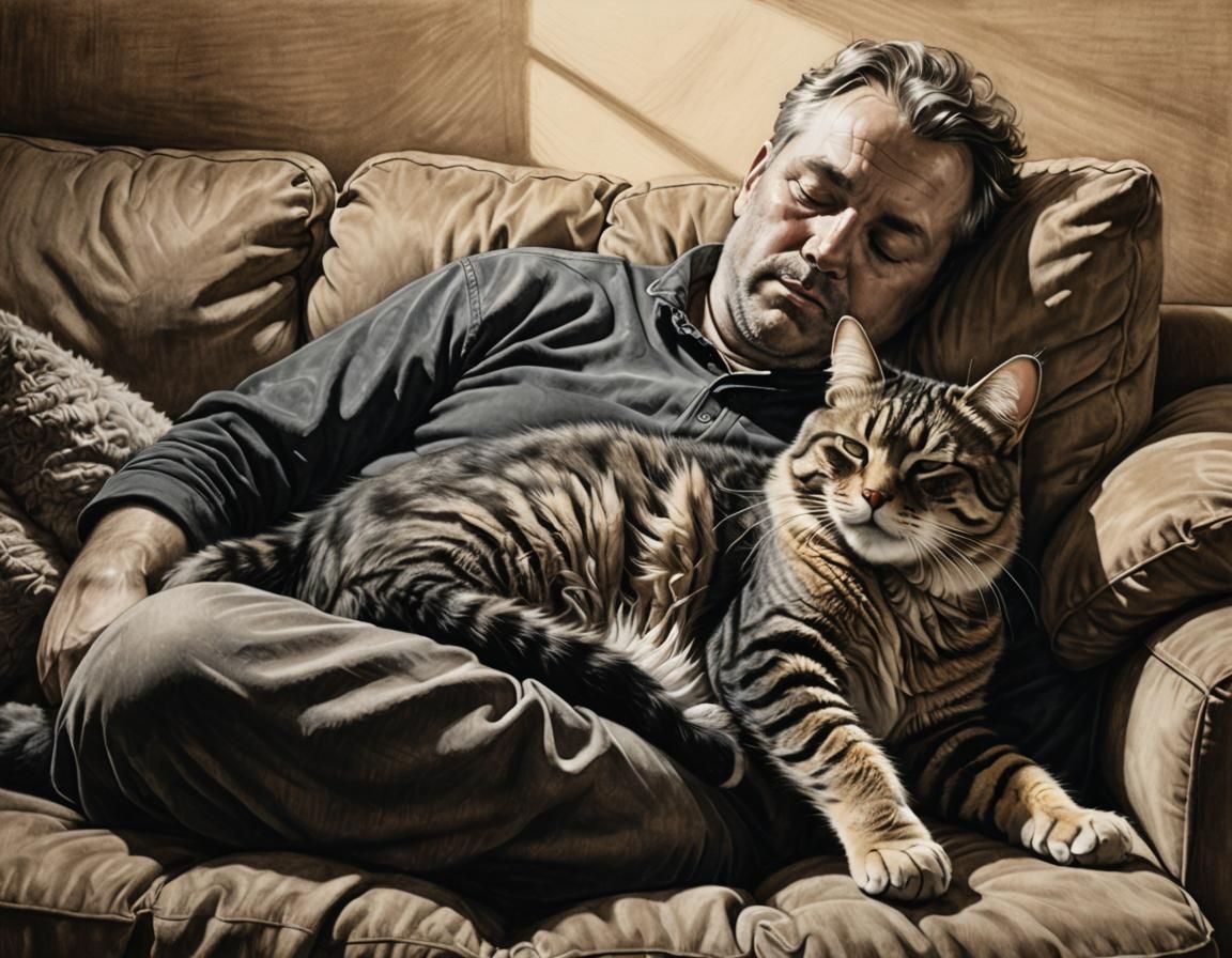 Cozy Charcoal: Man and Cat Napping