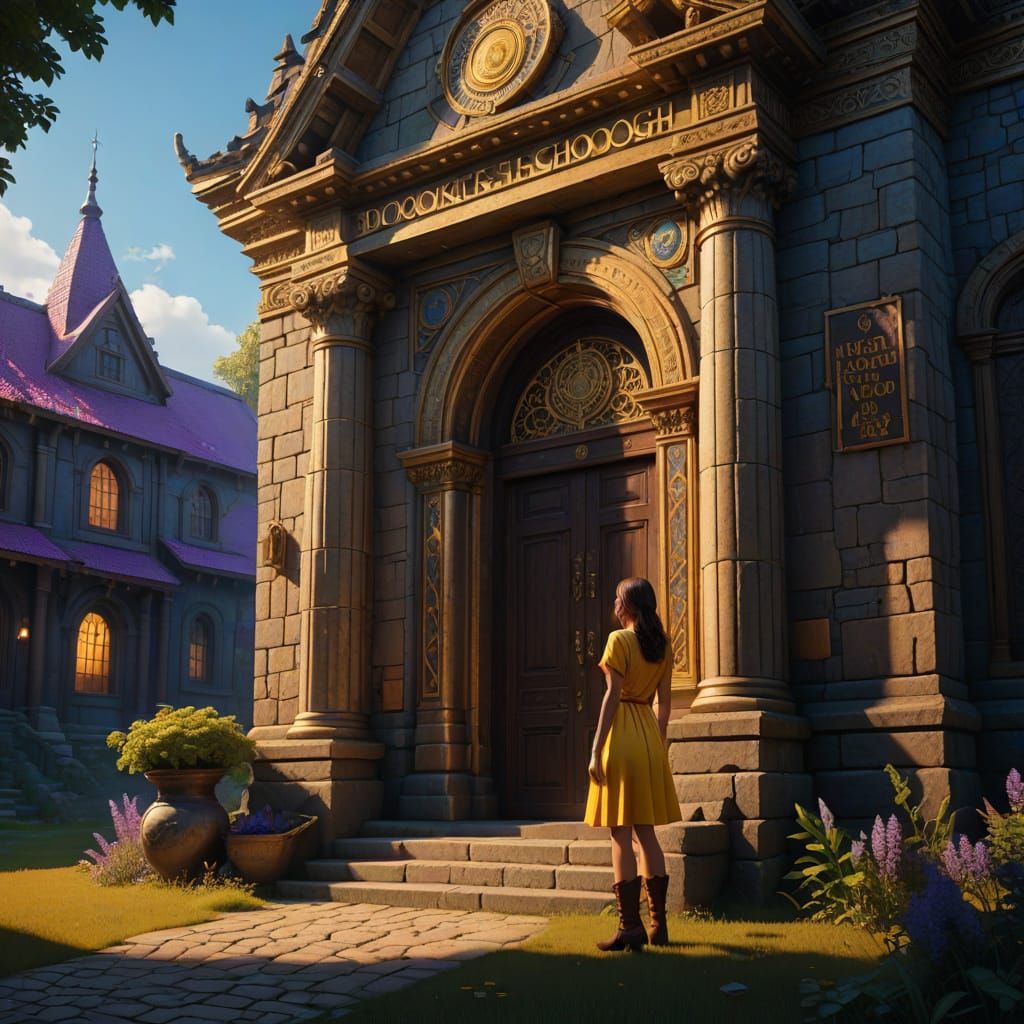 Girl Standing Before Enchanted Bookside High School