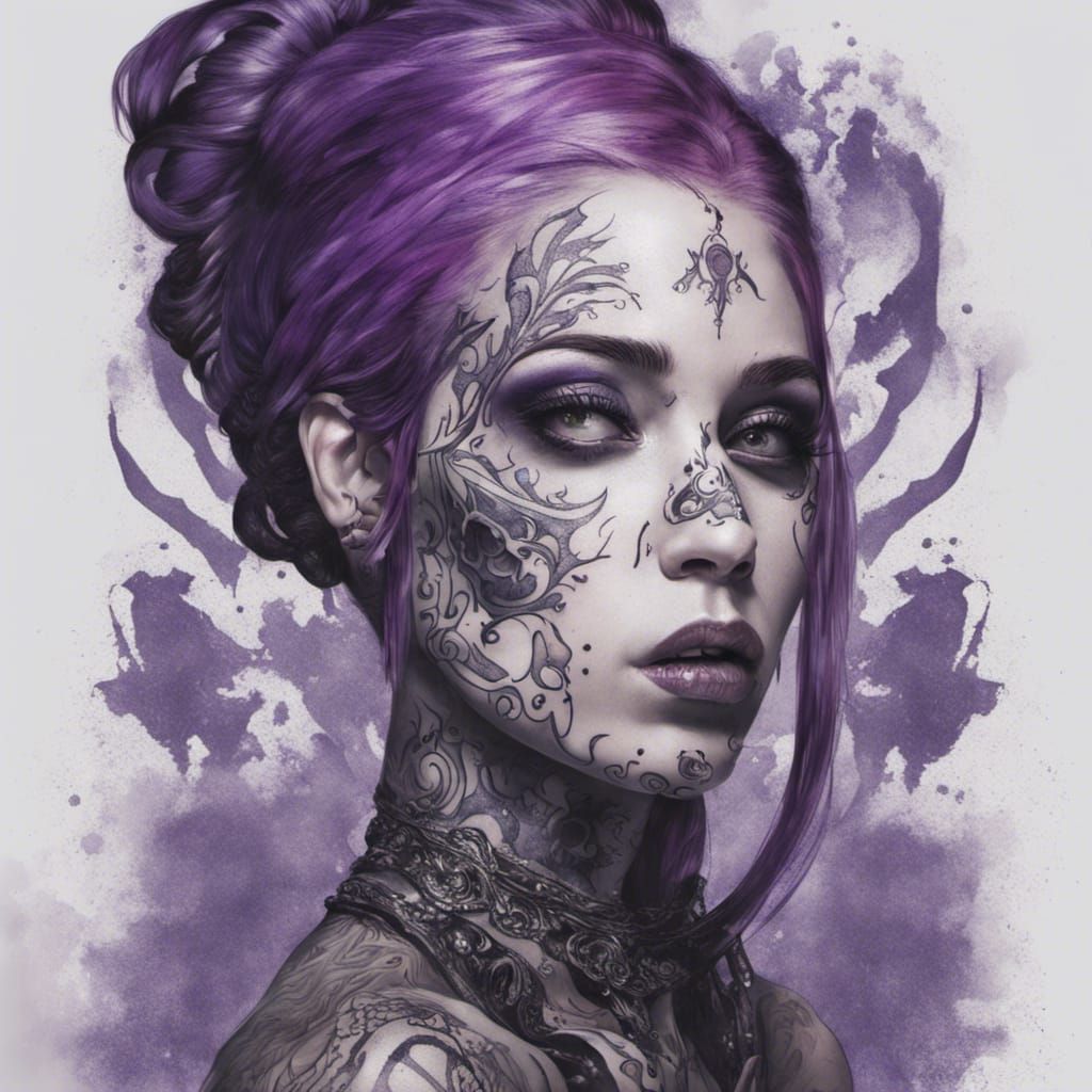 Gothic Woman with Purple Hair and Skull Tattoos