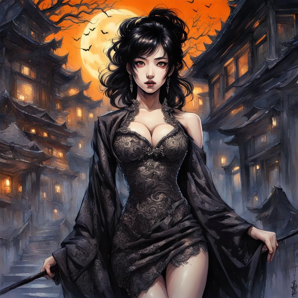 Manga Portrait: Gothic Girl in Halloween Setting
