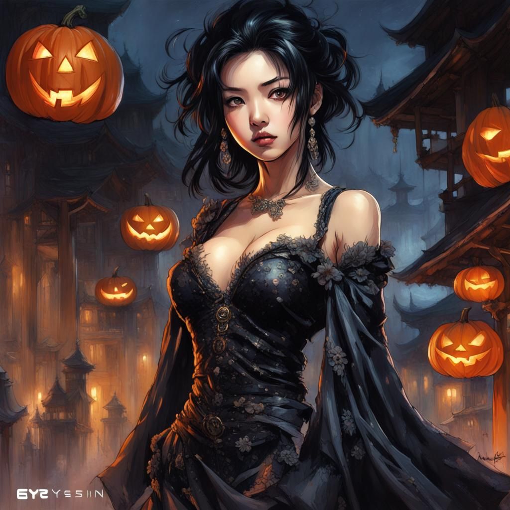 Manga Portrait: Gothic Beauty in Halloween Splendor
