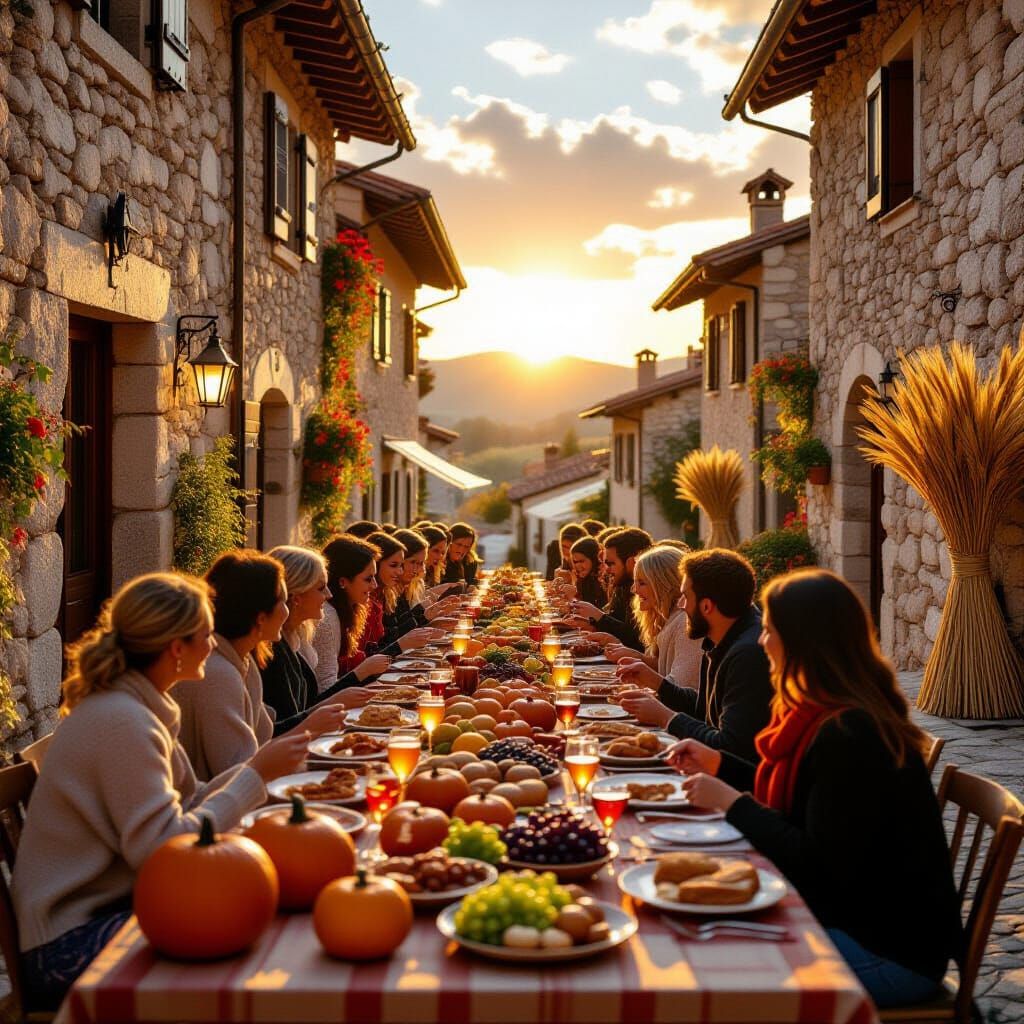 Italian Village Harvest Celebration in Warm Sunset Light
