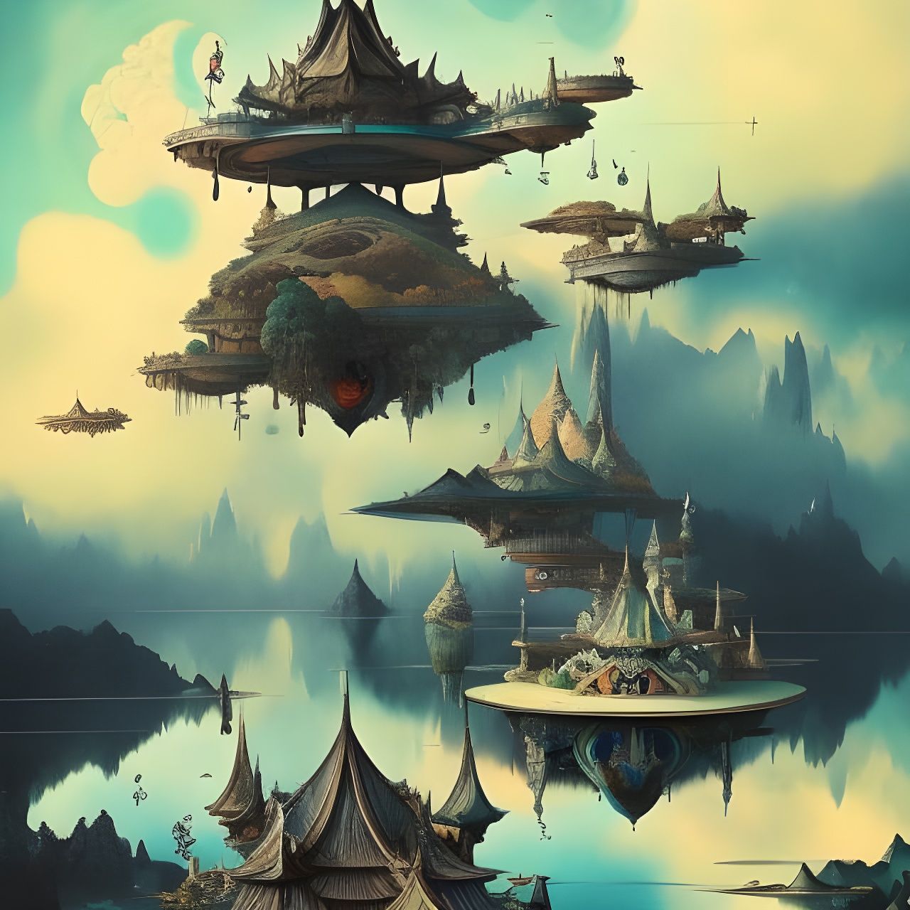 Epic Fantasy Castle Floating Above Lake