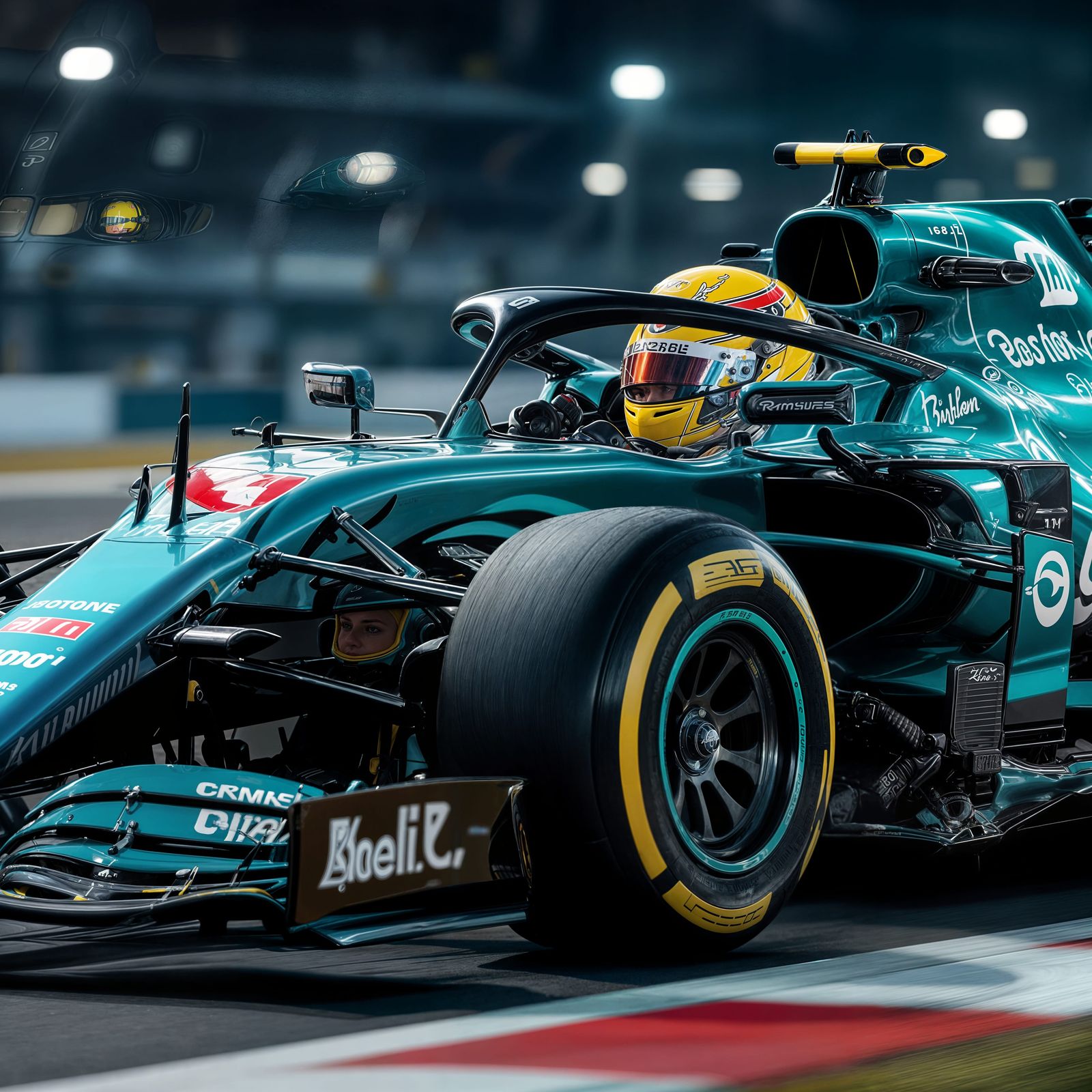 Teal Formula 1 Race Car at Night, Photorealistic