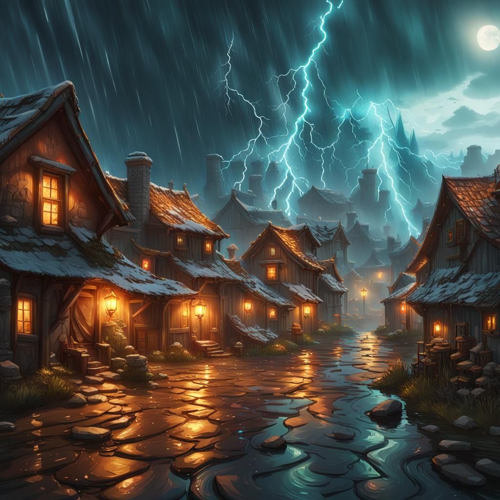 Epic Storm Over Tiny Village, Digital Art