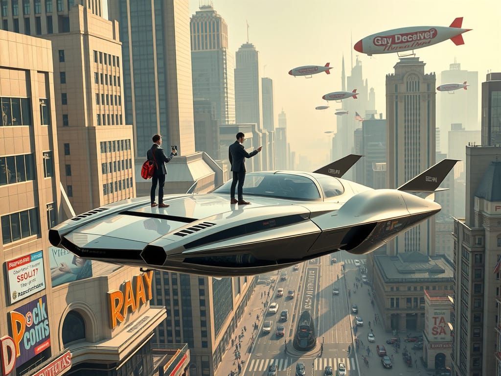 Futuristic Sports Car Hovers Amidst Skyscrapers in Cyberpunk...