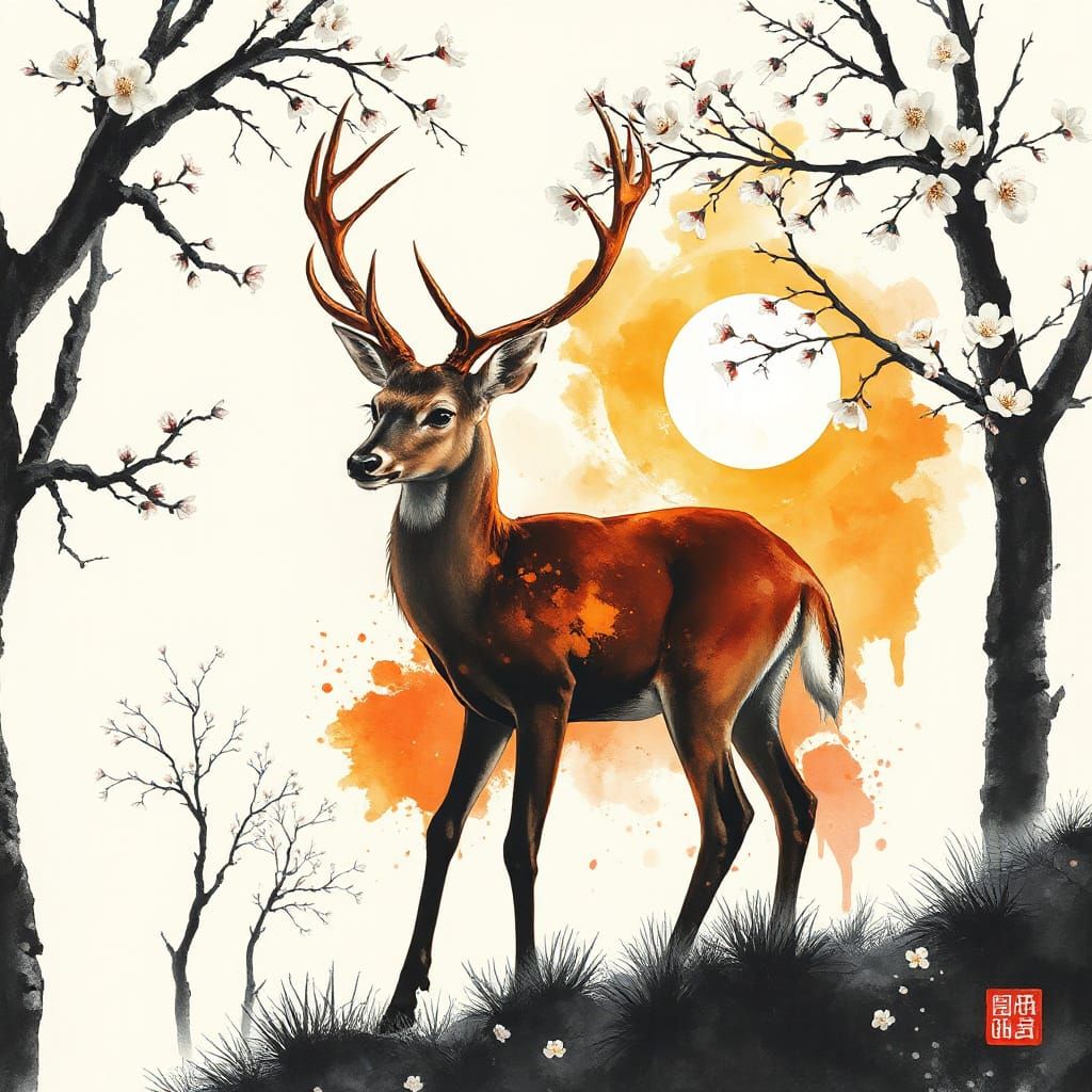 Graceful Deer in Spring Forest, Chinese Ink & Watercolor Sty...