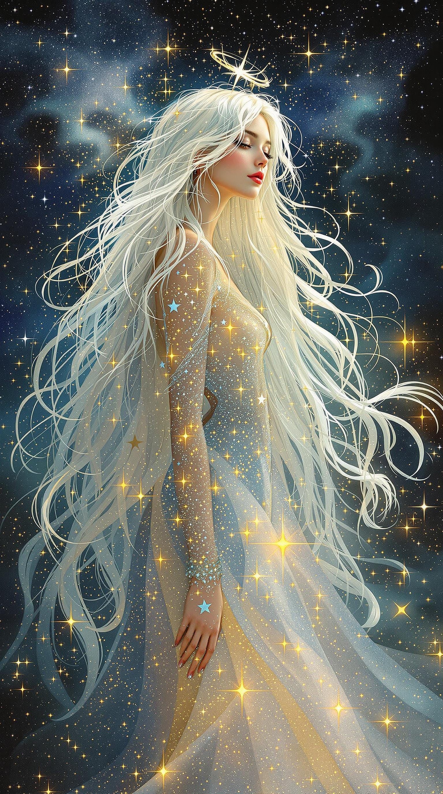 Ethereal Angel in Starlight Gown with Long White Hair