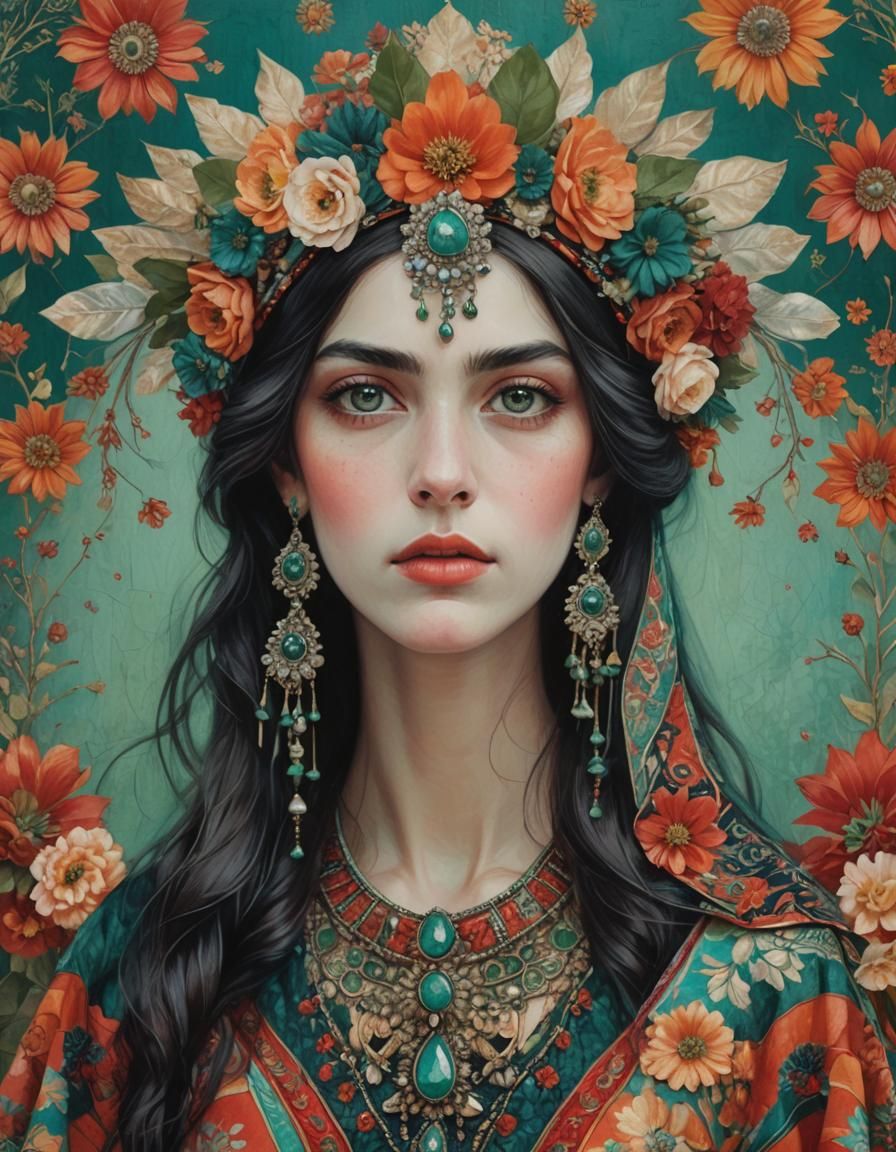 Beautiful Woman with Elaborate Headdress in Mixed Media