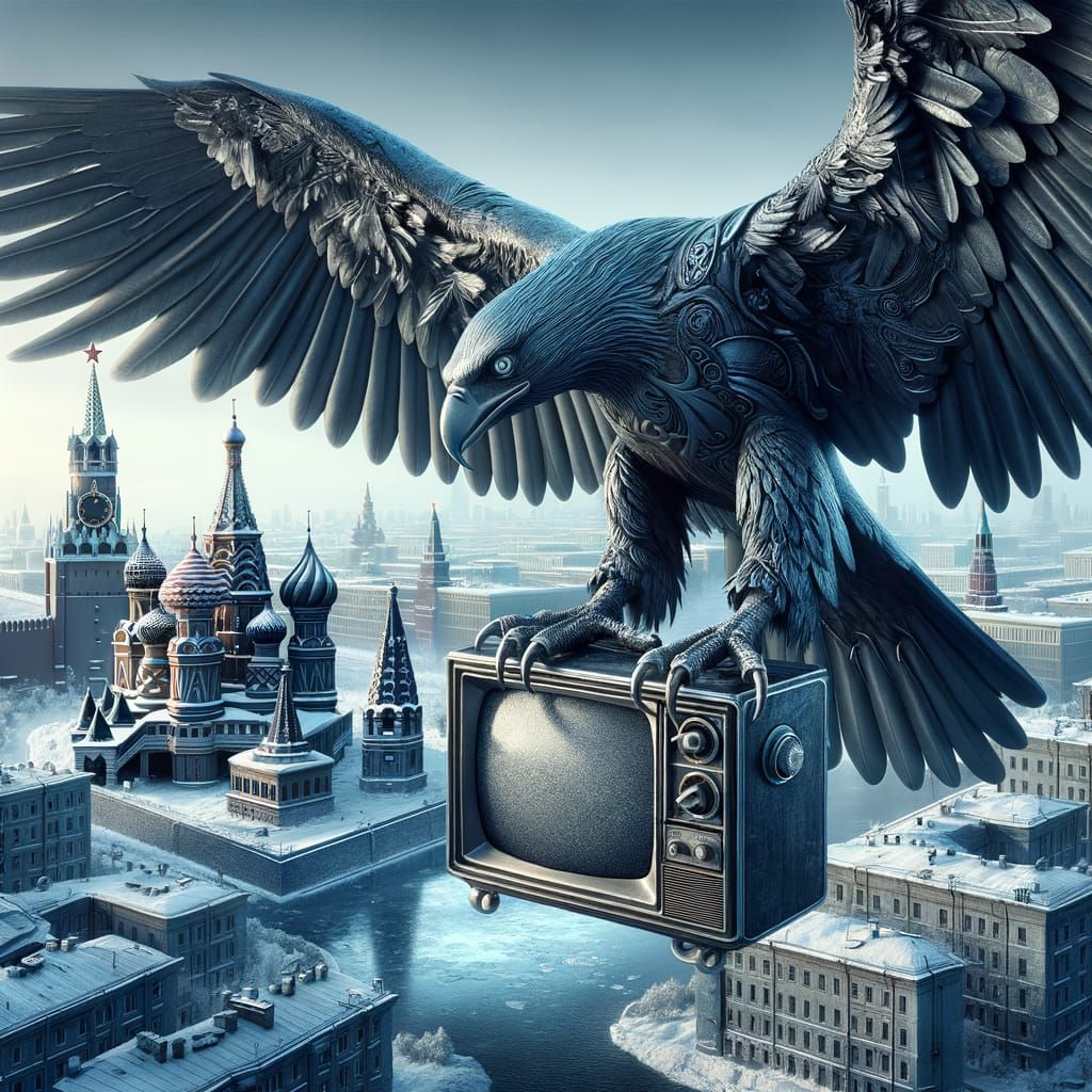 Eagle Carries Vintage TV Over Moscow Skyline