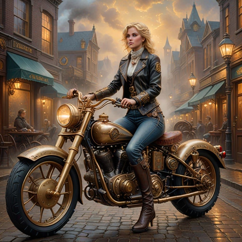 Steampunk Woman on Motorbike in Ethereal Mist