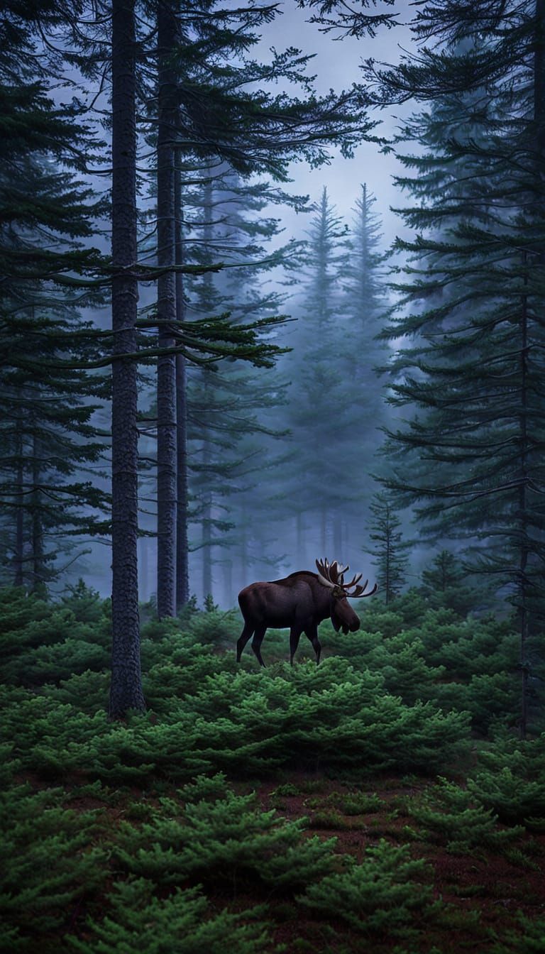 Nova Scotia Forest at Dusk with Moose and Fog