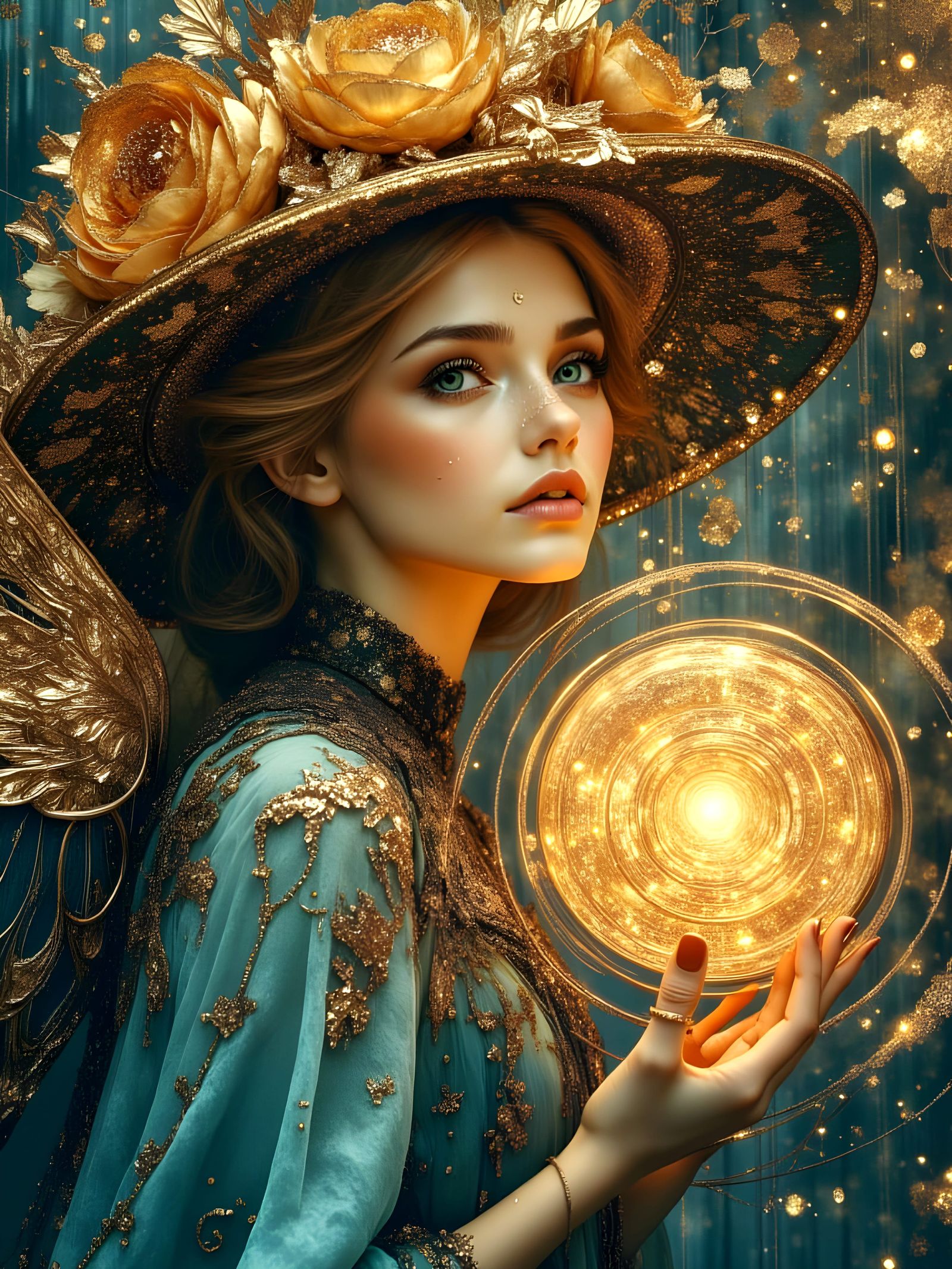 Golden Angel with Zodiac Sign and Floral Hat