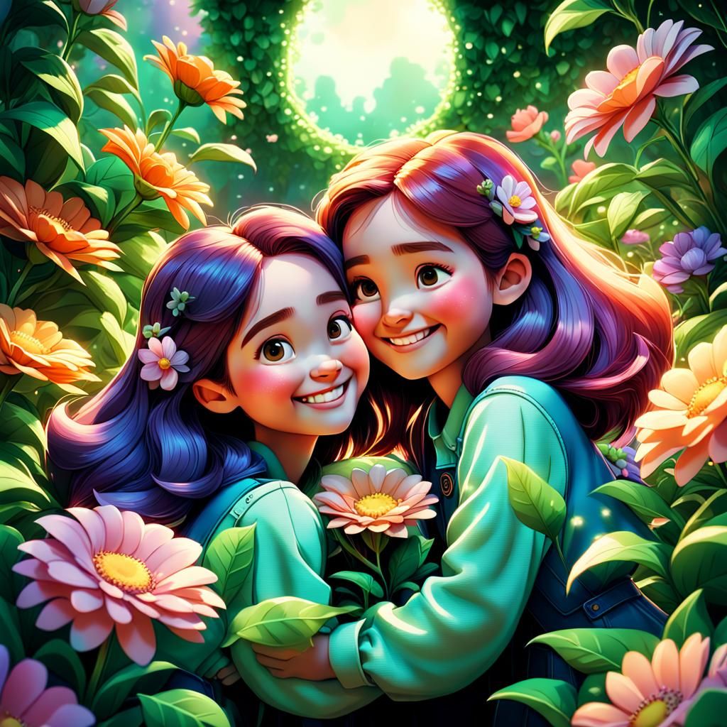 Sisters' Affection: Pixar-Inspired Floral Embrace