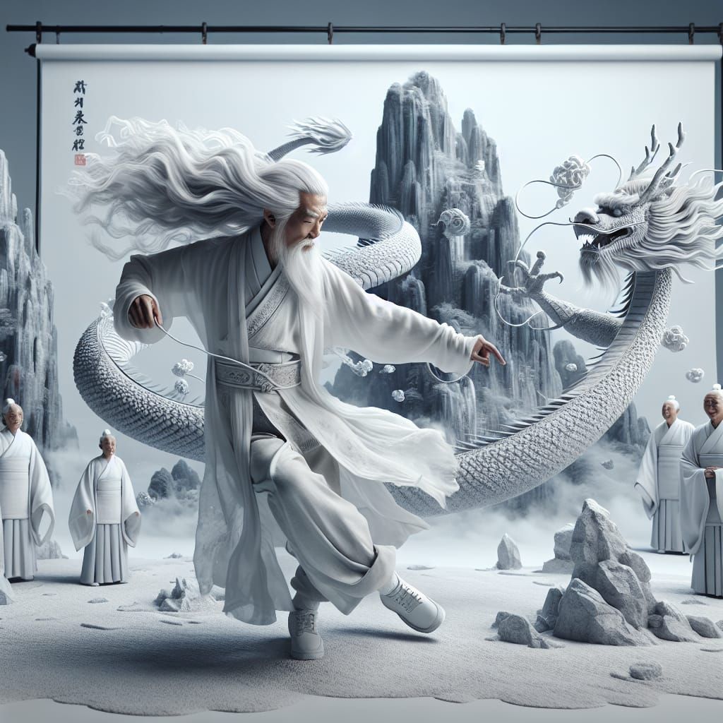 Oriental Dragon and Sage in Chinese Watercolor