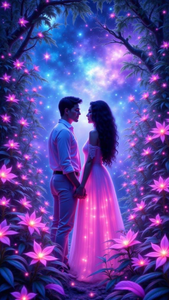 Romantic Couple Under Neon Sky, in Digital Art Style