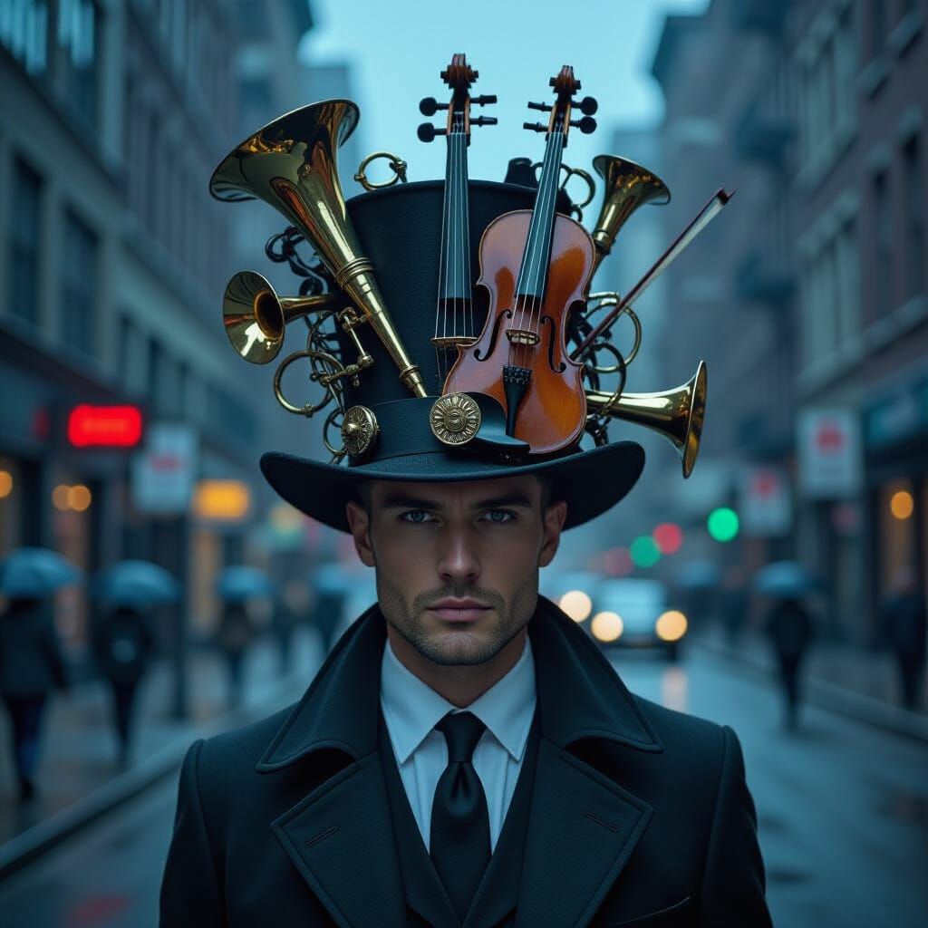 Man in Musical Instrument Hat on Rainy City Street