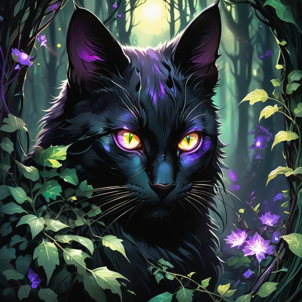 Mystical Black Cat in Dark Fantasy Forest