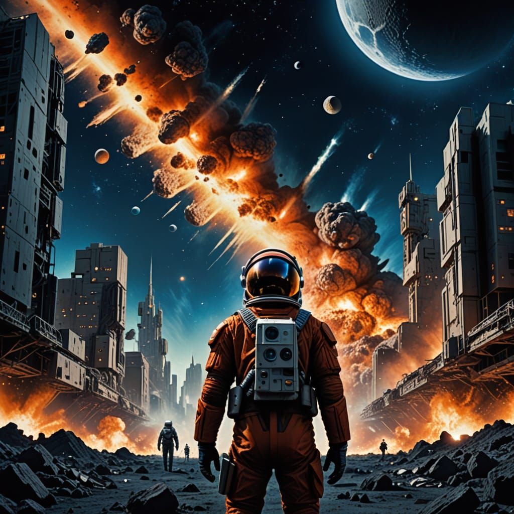 Epic Cinematic Film Still of Man Watching Moon Explosion